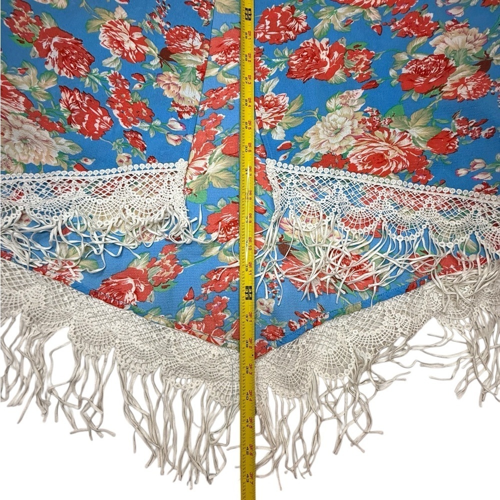Umgee Cobalt Blue Red Floral Fringed Open Front Boho Kimono Coverup Medium Large - Picture 9 of 9